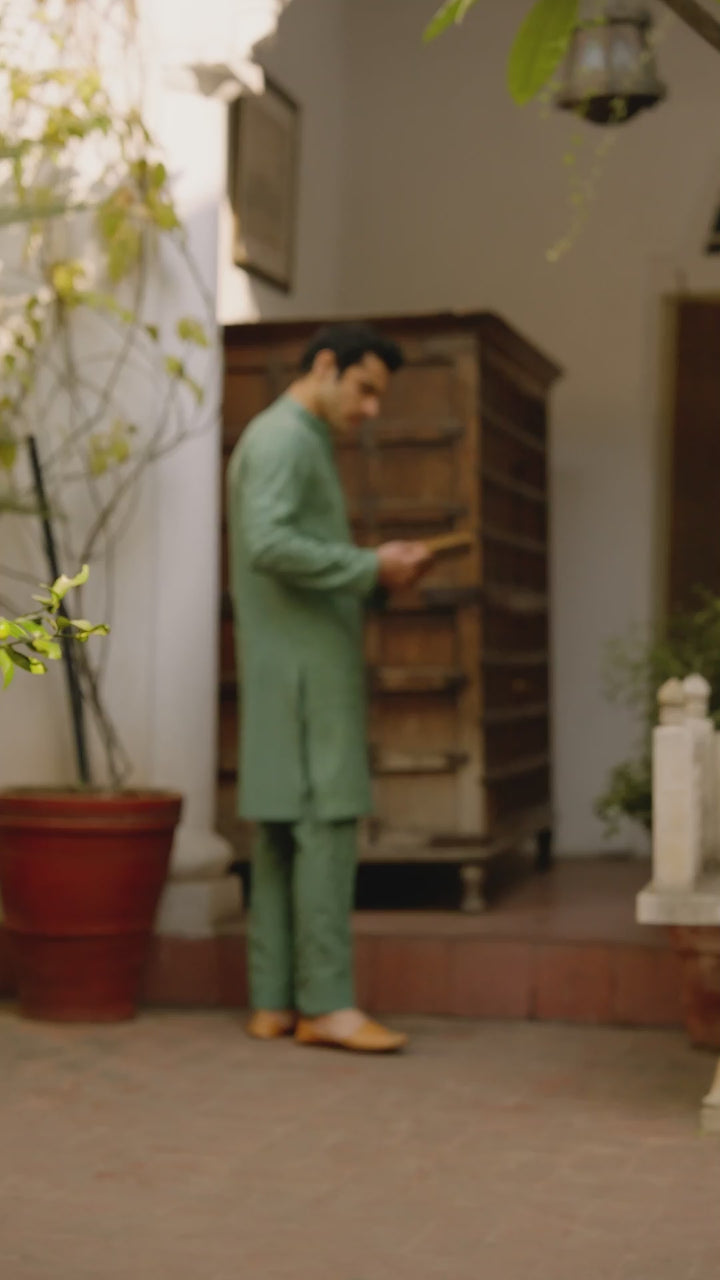 Jade Green Embroidered Karandi Kurta Set (2-Piece) - Image 7