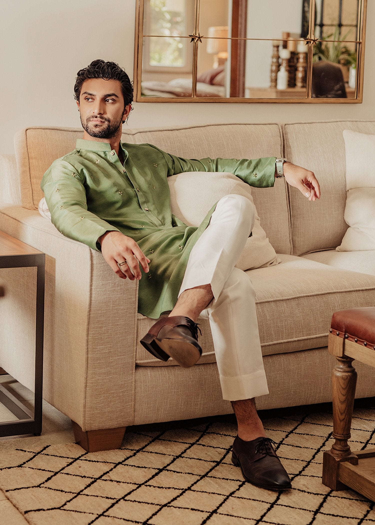 Sage Green Embroidered Korean Raw Silk Kurta (2-Piece) - Image 1