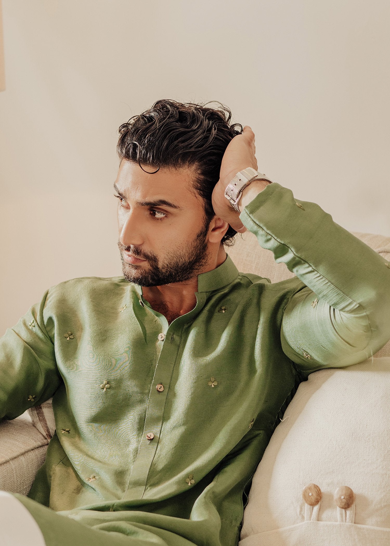 Sage Green Embroidered Korean Raw Silk Kurta (2-Piece) - Image 2