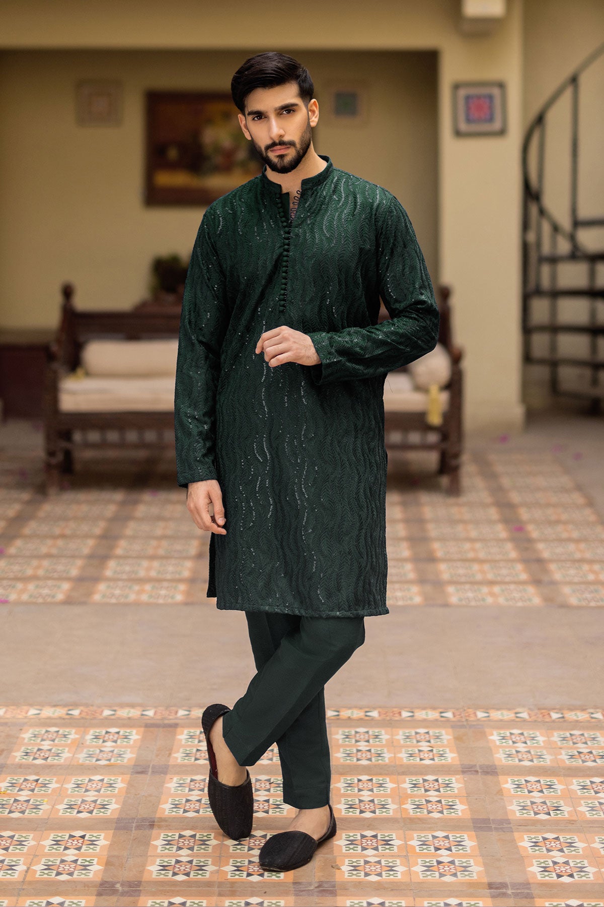 Olive Green Embroidered Kurta Pajama (2-Piece) - Image 1