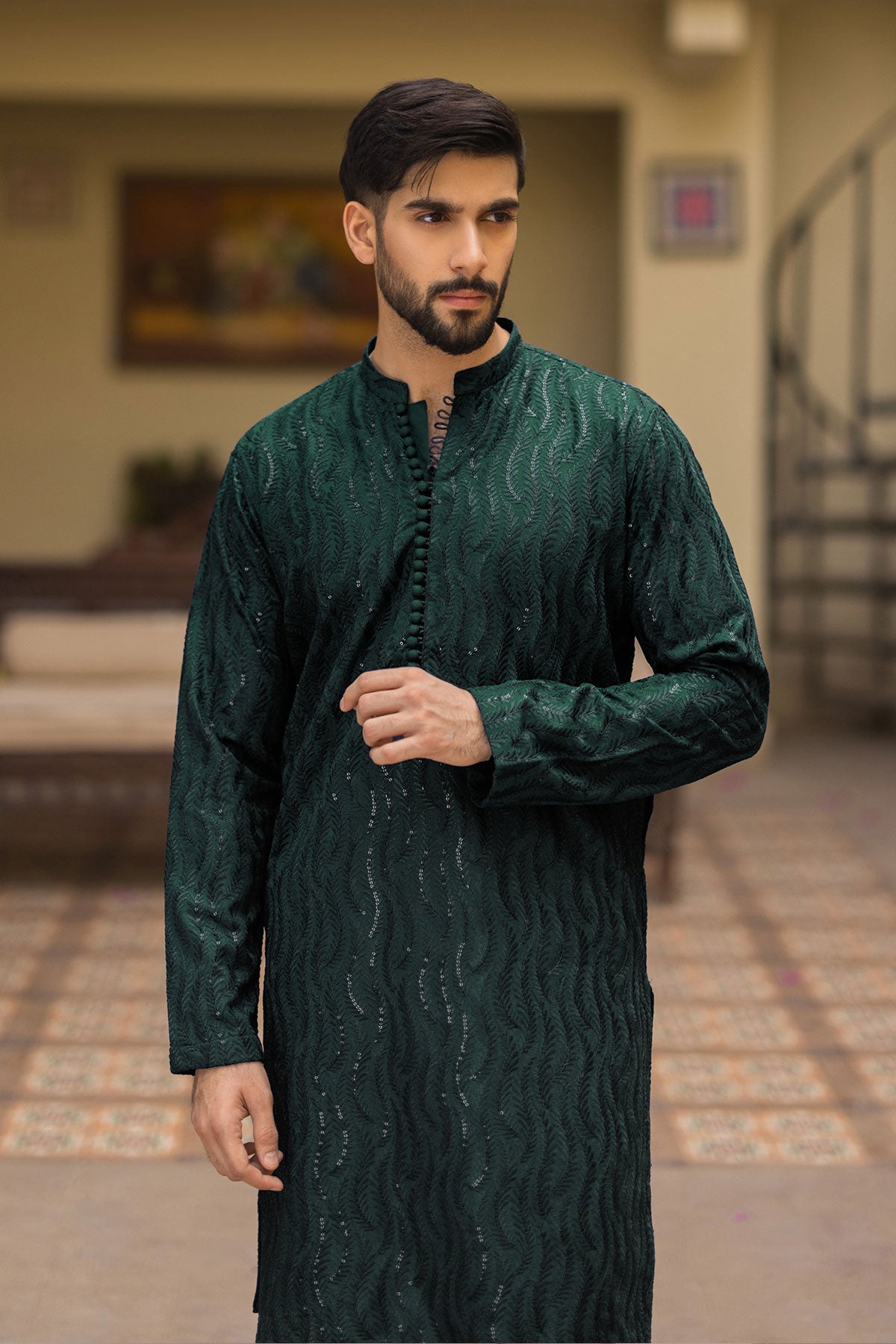 Olive Green Embroidered Kurta Pajama (2-Piece) - Image 2