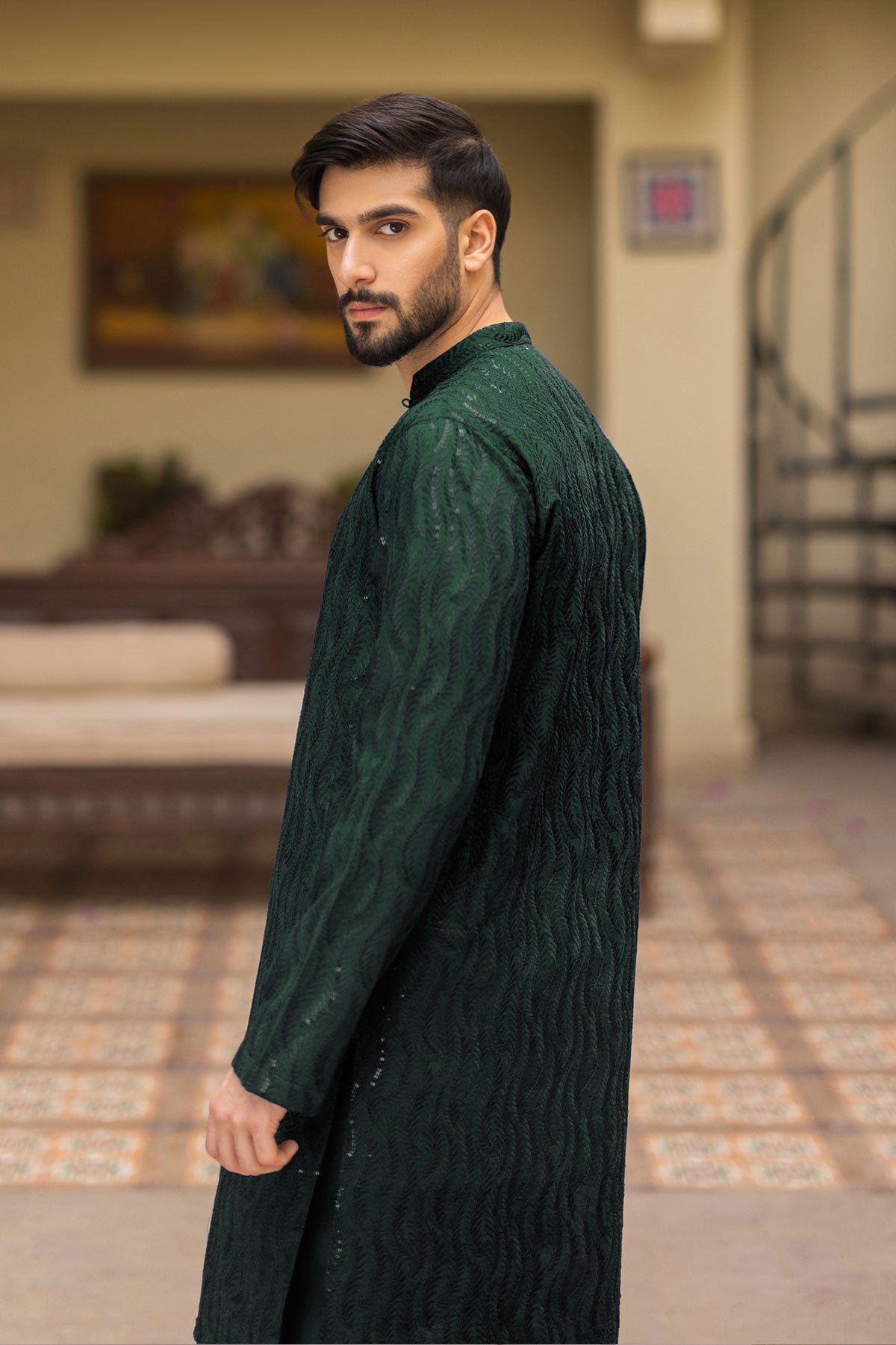 Olive Green Embroidered Kurta Pajama (2-Piece) - Image 3