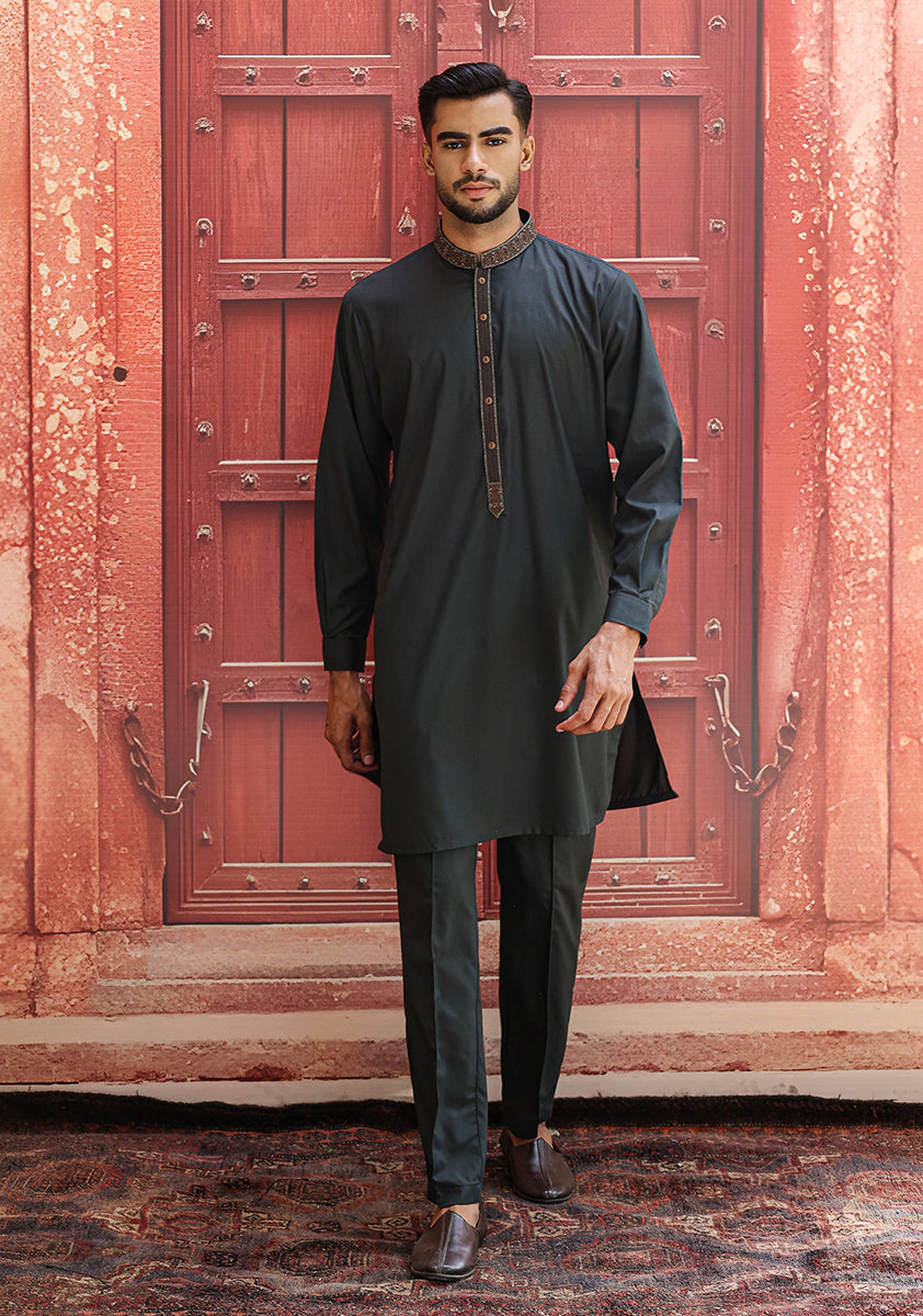 Scarab Green Embroidered Poly Viscose Kurta (2-Piece) - Image 1