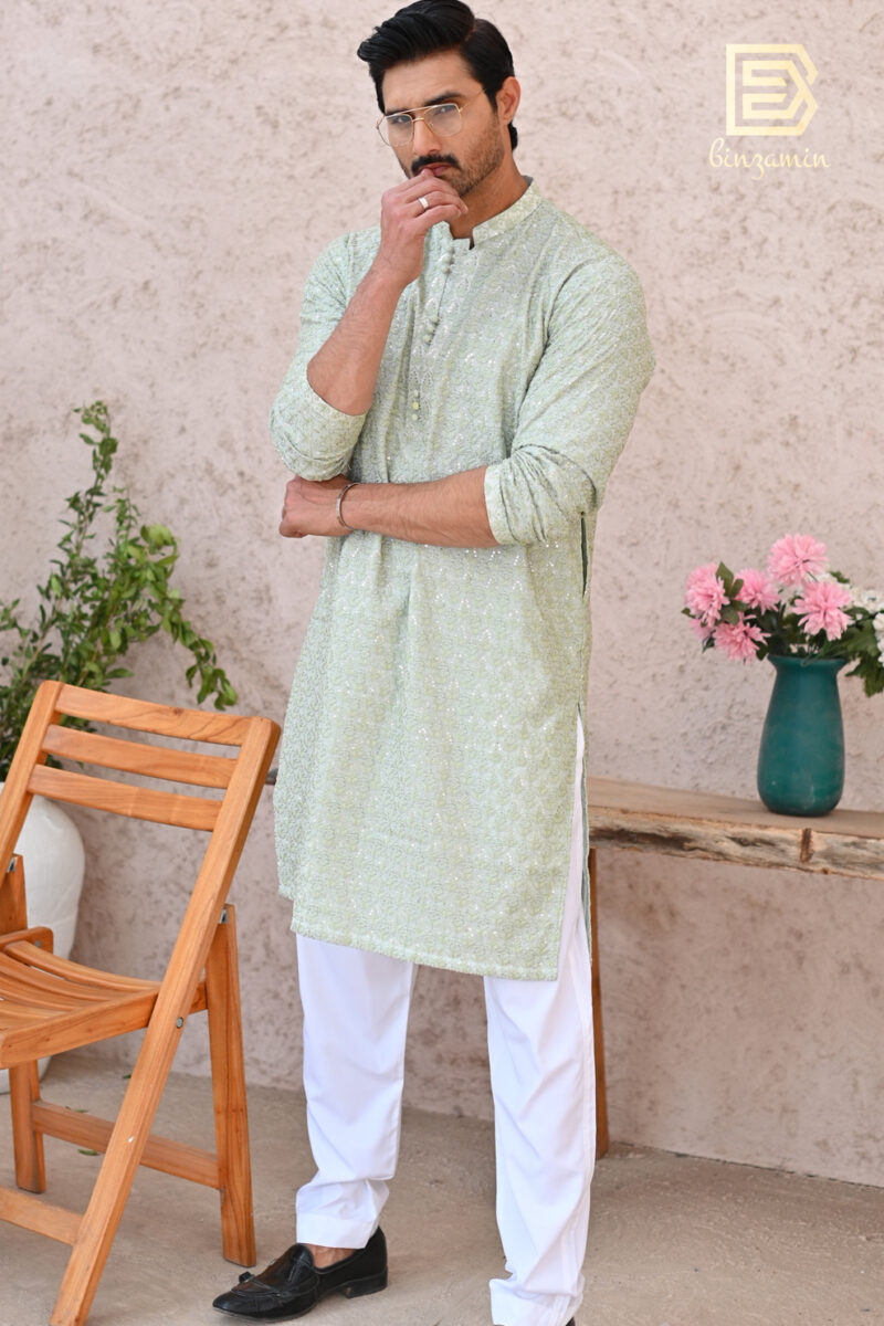 Green Embroidered Raw Silk Kurta Pyjama (2-Piece) - Image 3