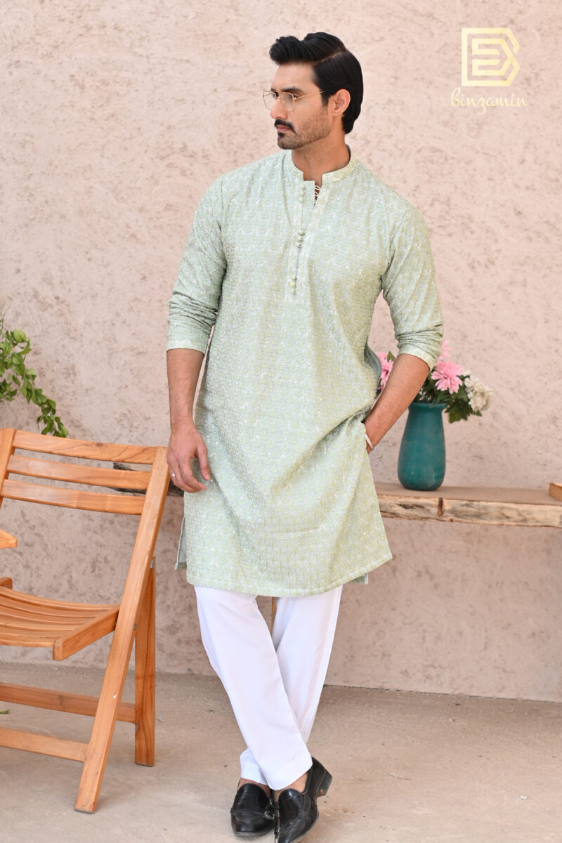 Green Embroidered Raw Silk Kurta Pyjama (2-Piece) - Image 4