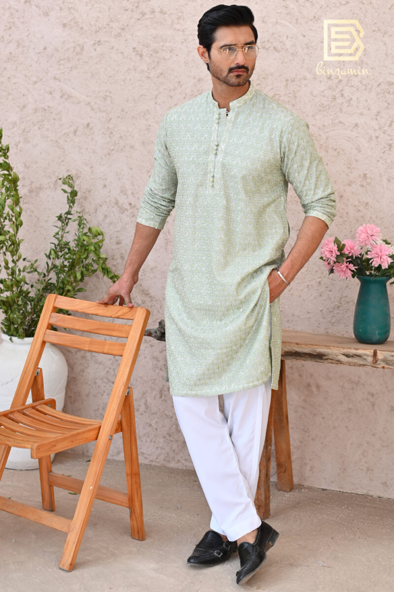 Green Embroidered Raw Silk Kurta Pyjama (2-Piece) - Image 5