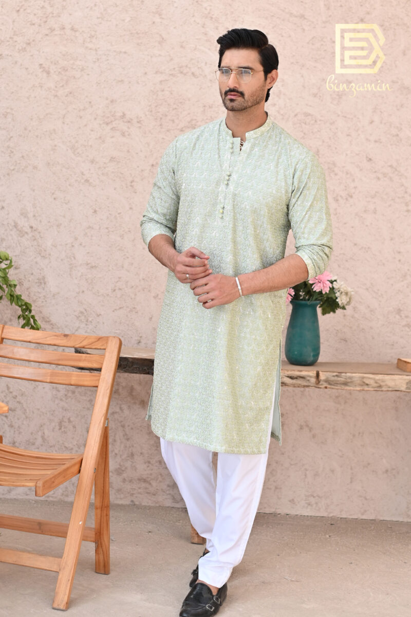 Green Embroidered Raw Silk Kurta Pyjama (2-Piece) - Image 6