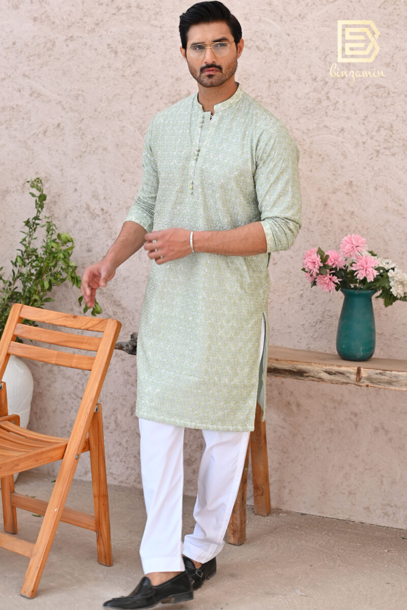 Green Embroidered Raw Silk Kurta Pyjama (2-Piece) - Image 7