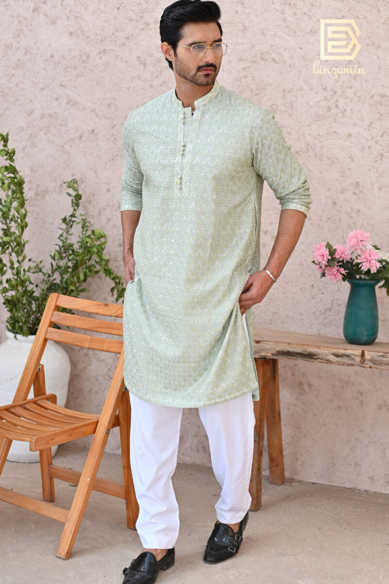 Green Embroidered Raw Silk Kurta Pyjama (2-Piece) - Image 8