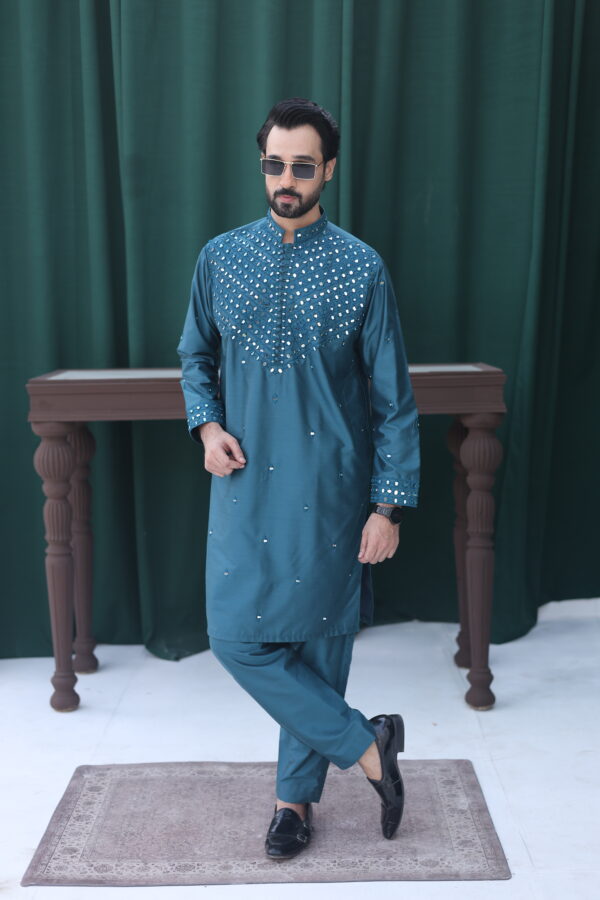 Teal Mirror Work Raw Silk Kurta (2-Piece) - Image 1