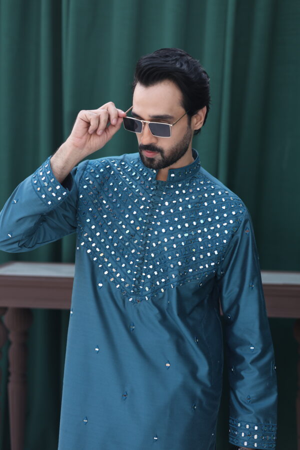 Teal Mirror Work Raw Silk Kurta (2-Piece) - Image 4