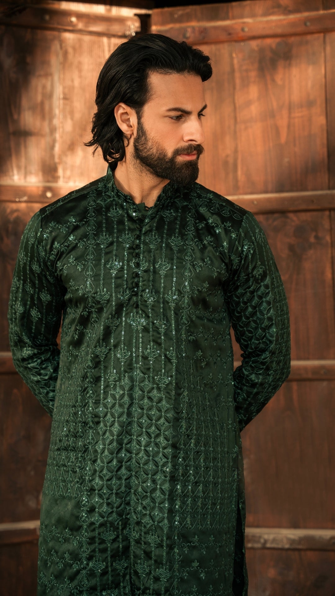 Deep Green Chikankari Silk-Blend Kurta (2-Piece) - Image 1