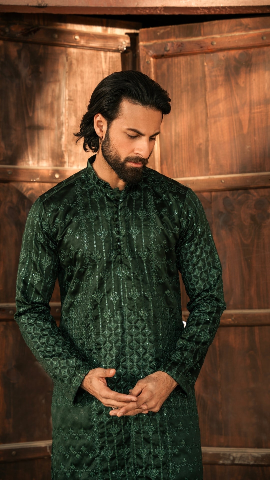 Deep Green Chikankari Silk-Blend Kurta (2-Piece) - Image 2