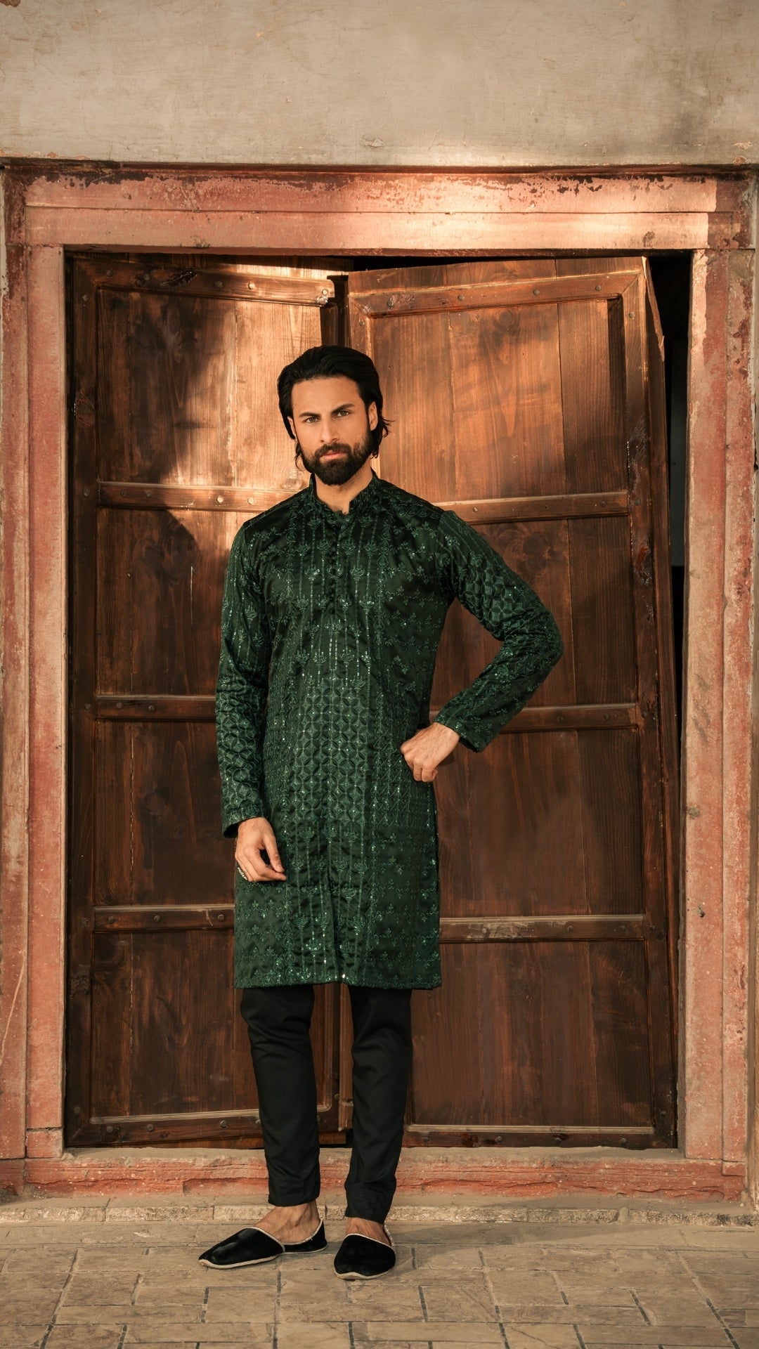 Deep Green Chikankari Silk-Blend Kurta (2-Piece) - Image 3