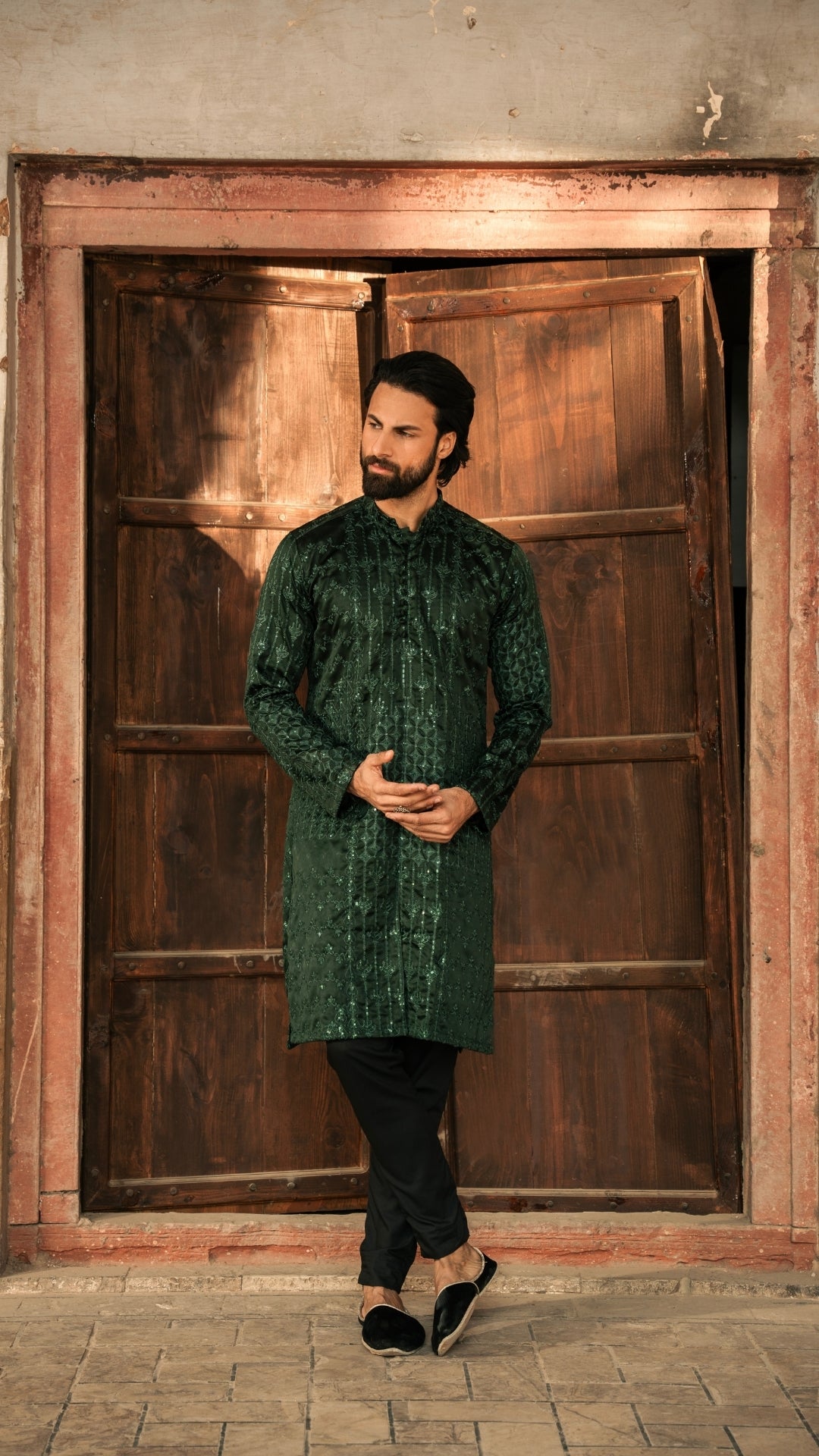 Deep Green Chikankari Silk-Blend Kurta (2-Piece) - Image 4