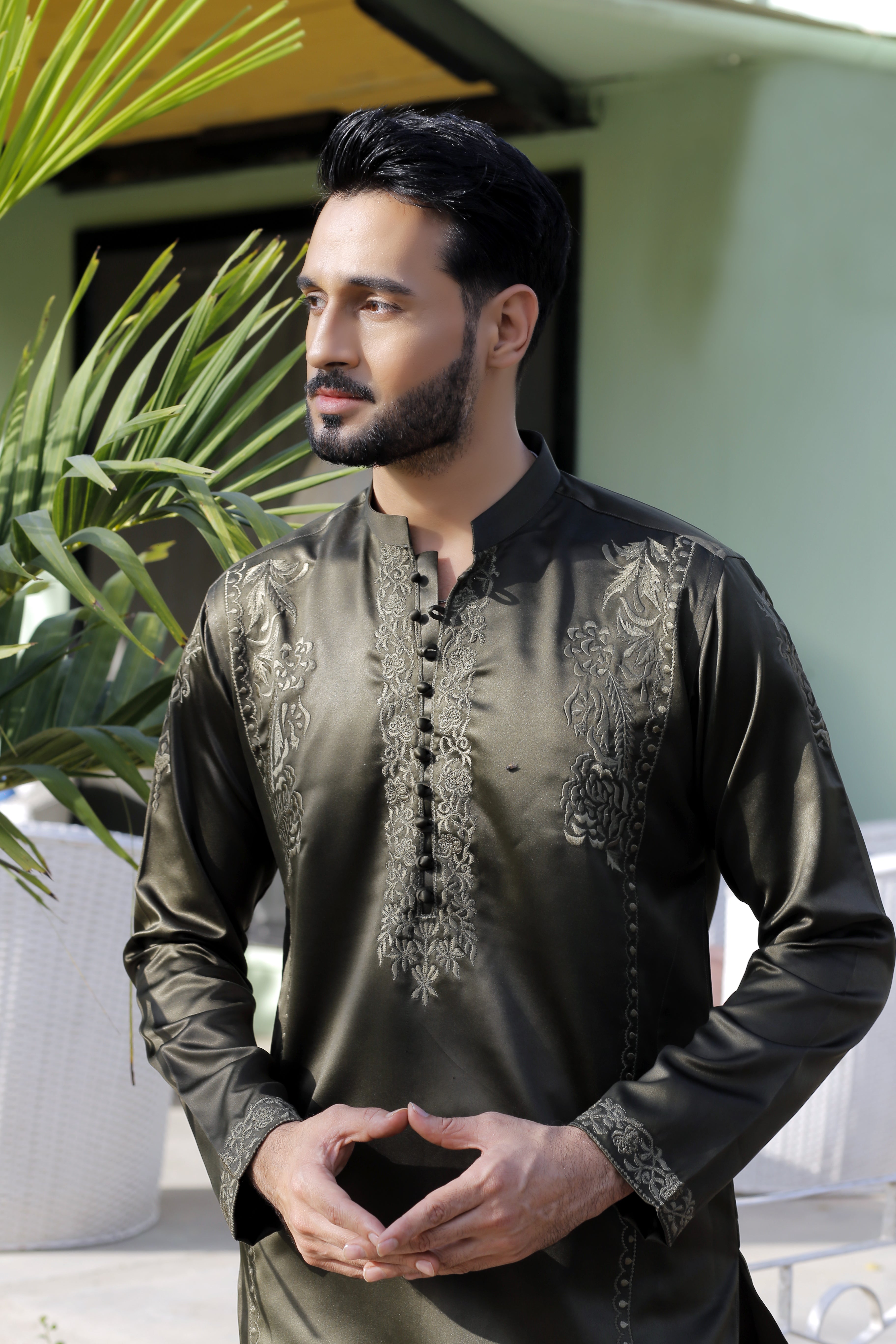 Olive Green Punch Embroidered Silk Blend Kurta (2-Piece) - Image 1