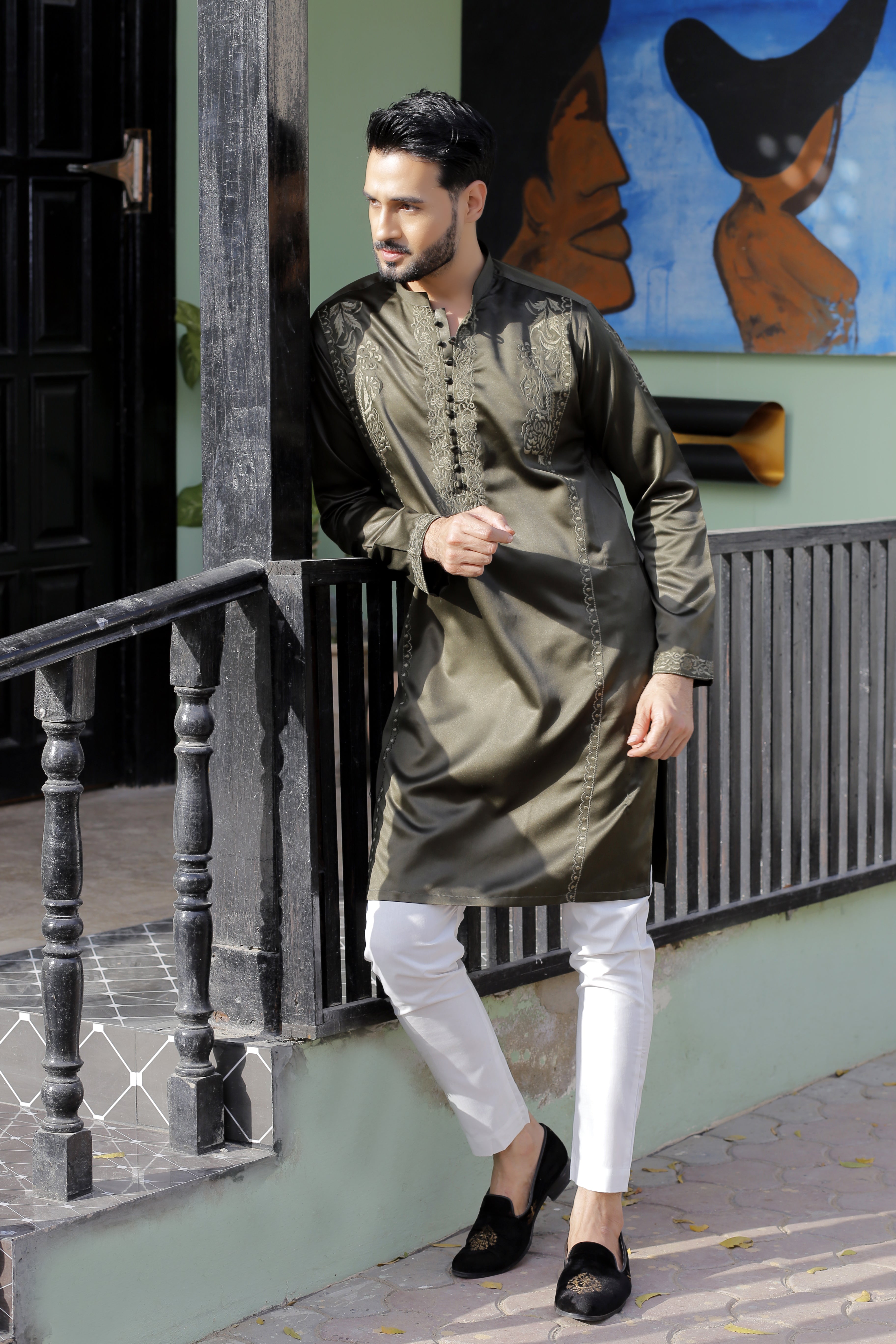 Olive Green Punch Embroidered Silk Blend Kurta (2-Piece) - Image 3