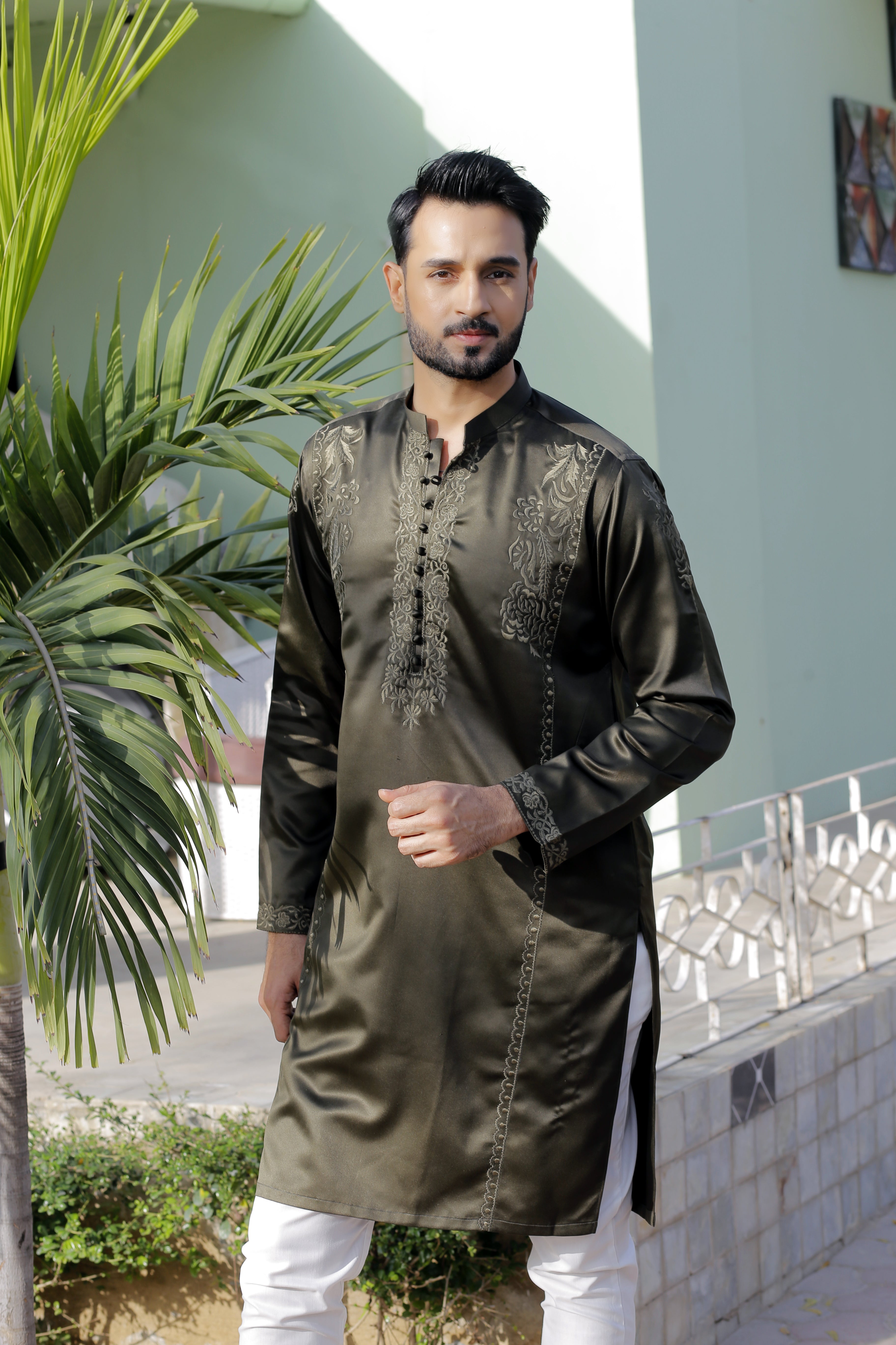 Olive Green Punch Embroidered Silk Blend Kurta (2-Piece) - Image 4
