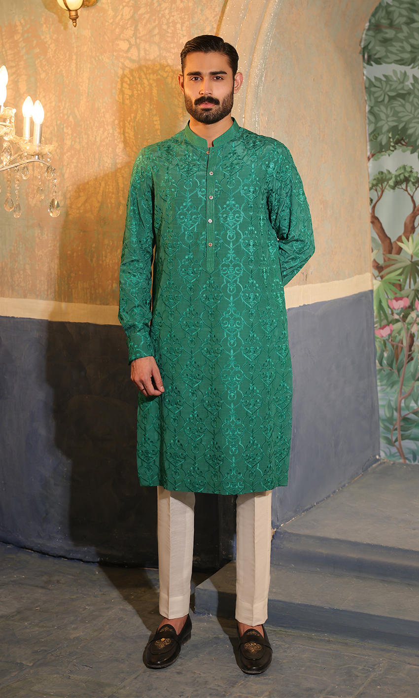 Green Self-Embroidered Silk-Blend Kurta (2-Piece) - Image 1