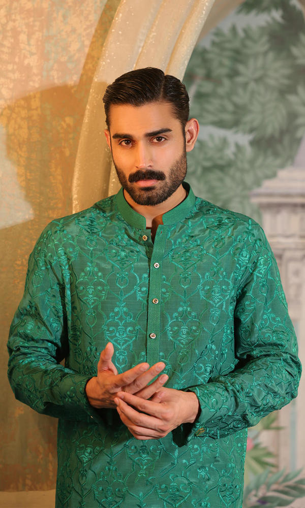 Green Self-Embroidered Silk-Blend Kurta (2-Piece) - Image 3