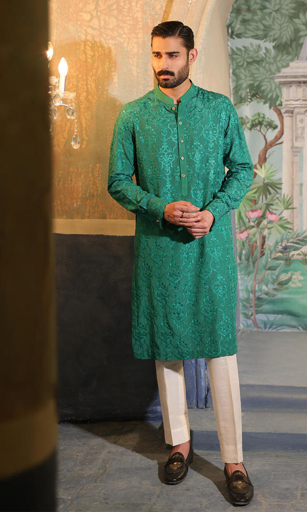 Green Self-Embroidered Silk-Blend Kurta (2-Piece) - Image 4