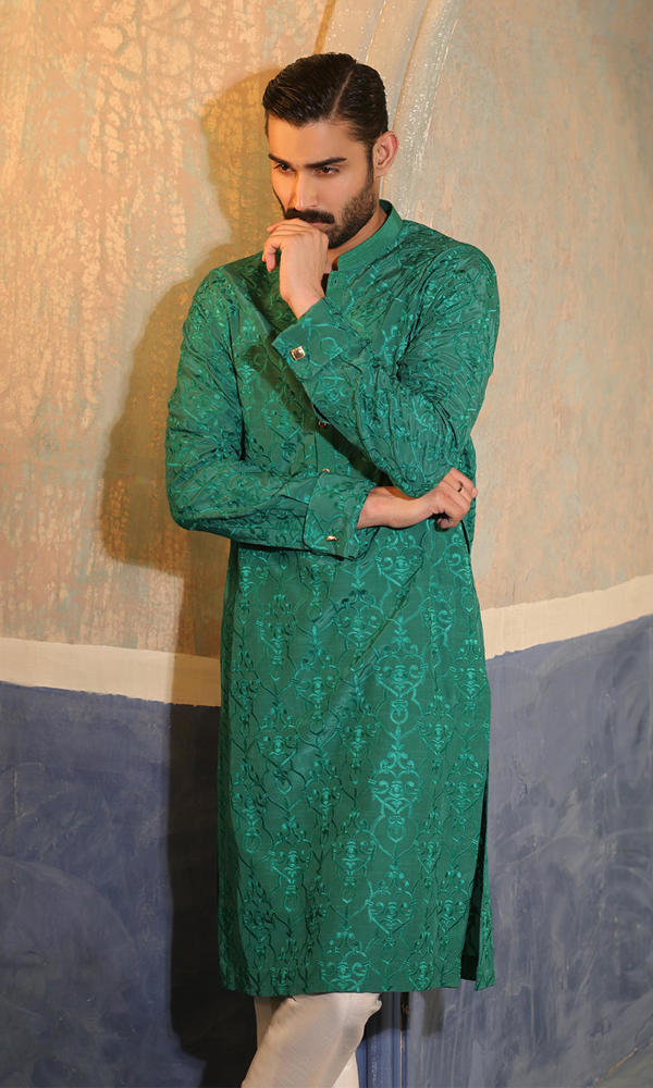 Green Self-Embroidered Silk-Blend Kurta (2-Piece) - Image 5