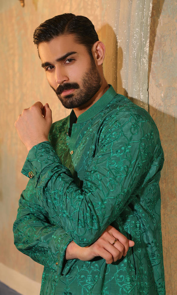 Green Self-Embroidered Silk-Blend Kurta (2-Piece) - Image 6