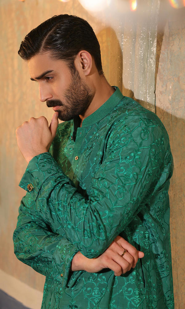 Green Self-Embroidered Silk-Blend Kurta (2-Piece) - Image 7