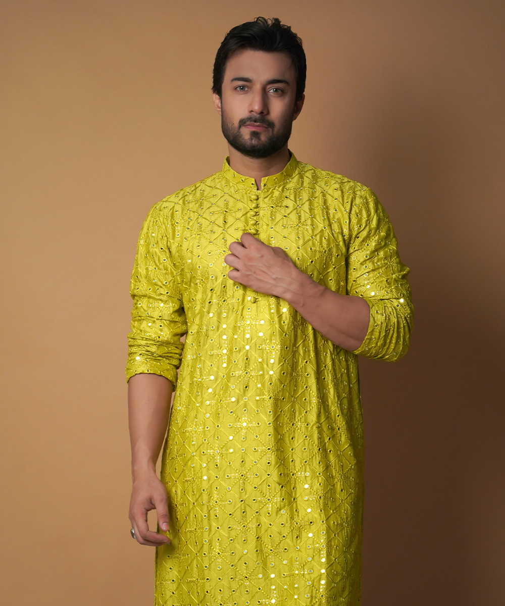 Olive Green Mirror Silk Embroidered Kurta Pyjama (2-Piece) - Image 1