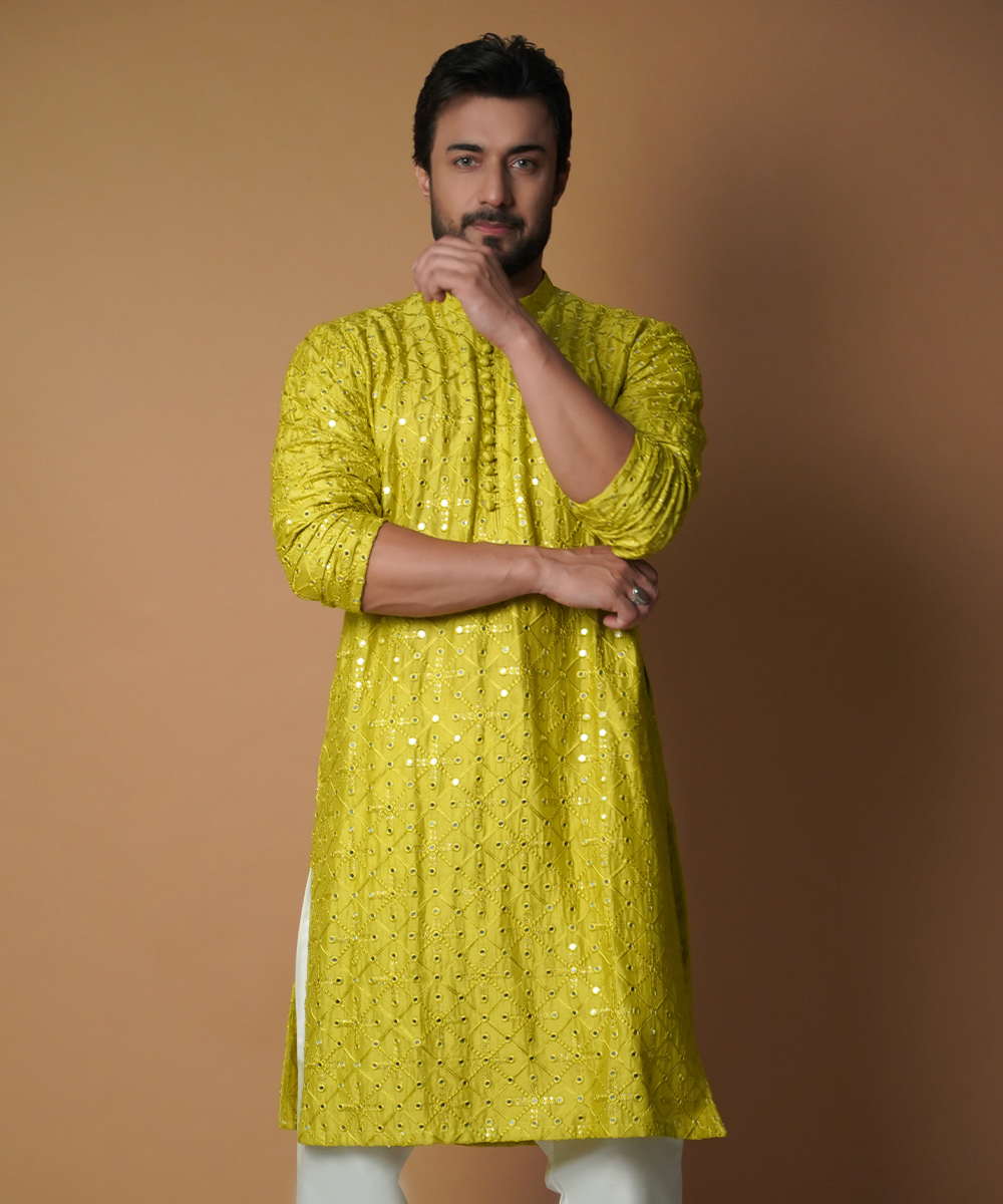 Olive Green Mirror Silk Embroidered Kurta Pyjama (2-Piece) - Image 2