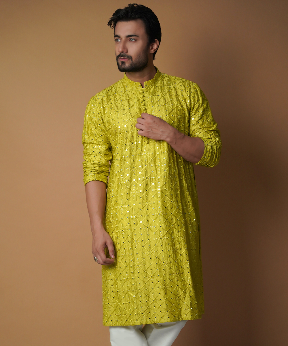 Olive Green Mirror Silk Embroidered Kurta Pyjama (2-Piece) - Image 4