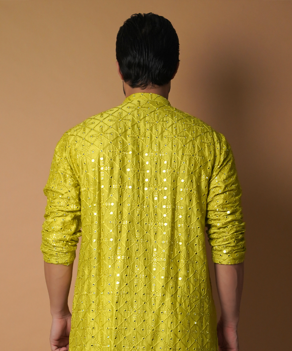 Olive Green Mirror Silk Embroidered Kurta Pyjama (2-Piece) - Image 5