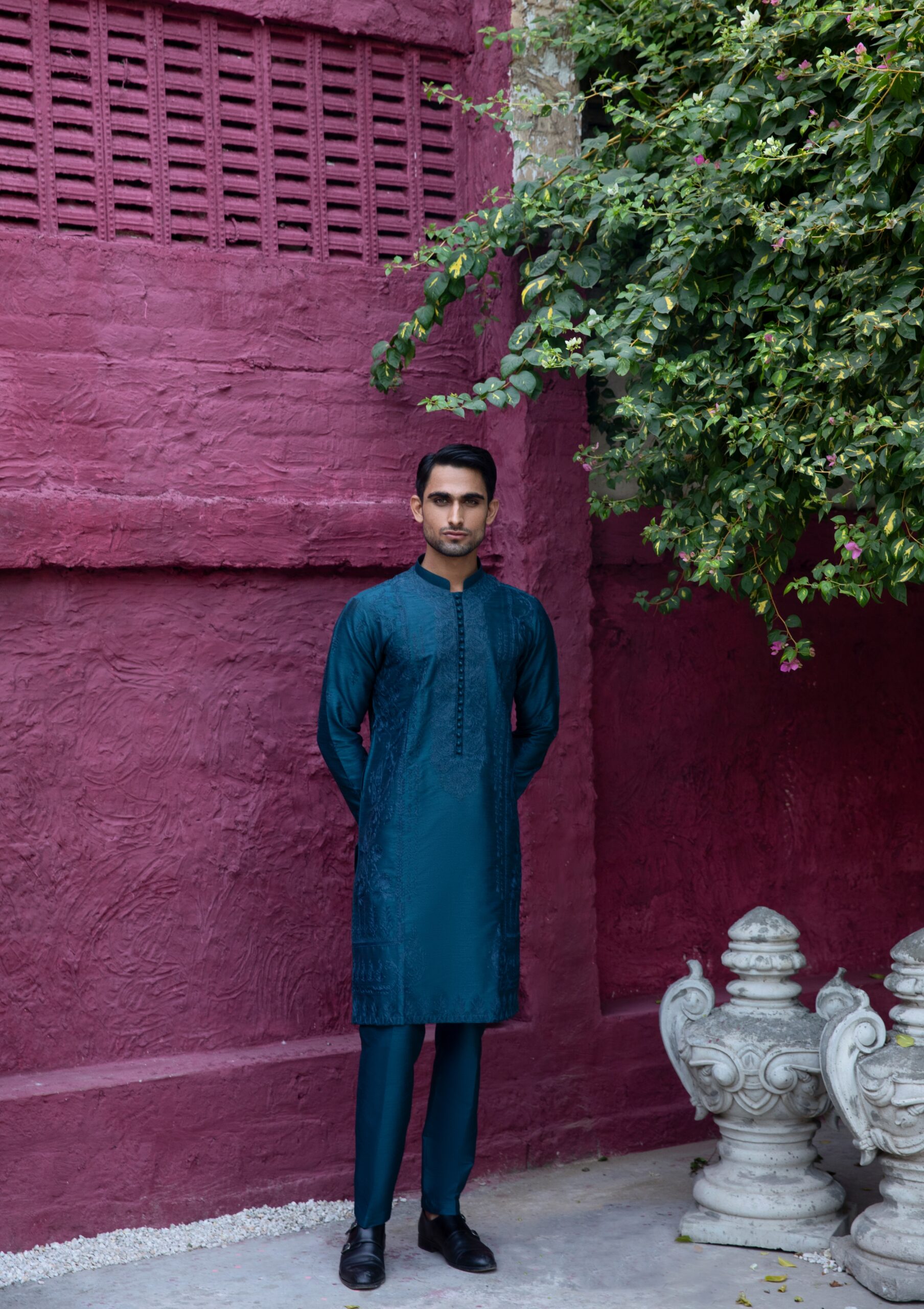 Teal Embroidered Synthetic Raw Silk Kurta (2-Piece) - Image 1