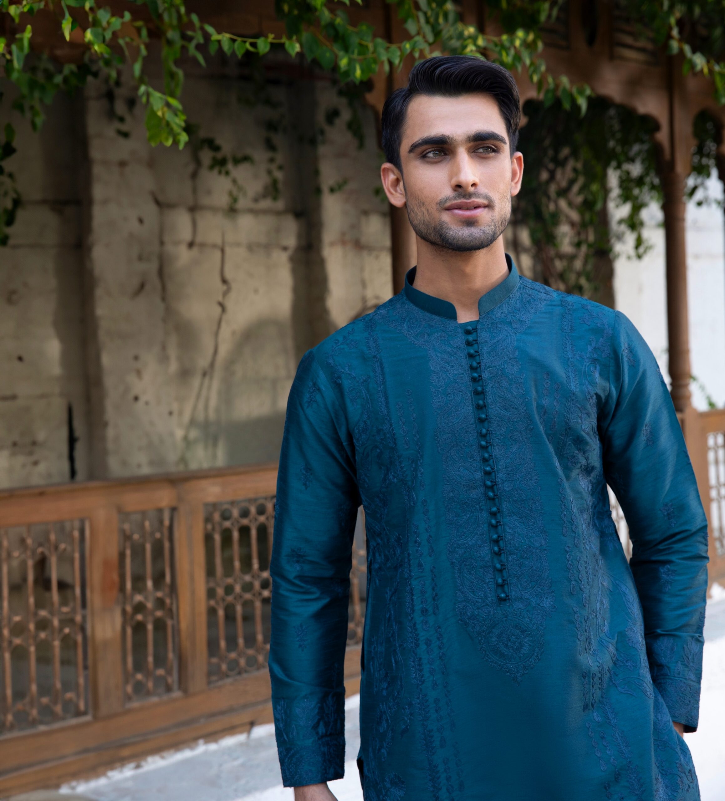 Teal Embroidered Synthetic Raw Silk Kurta (2-Piece) - Image 2