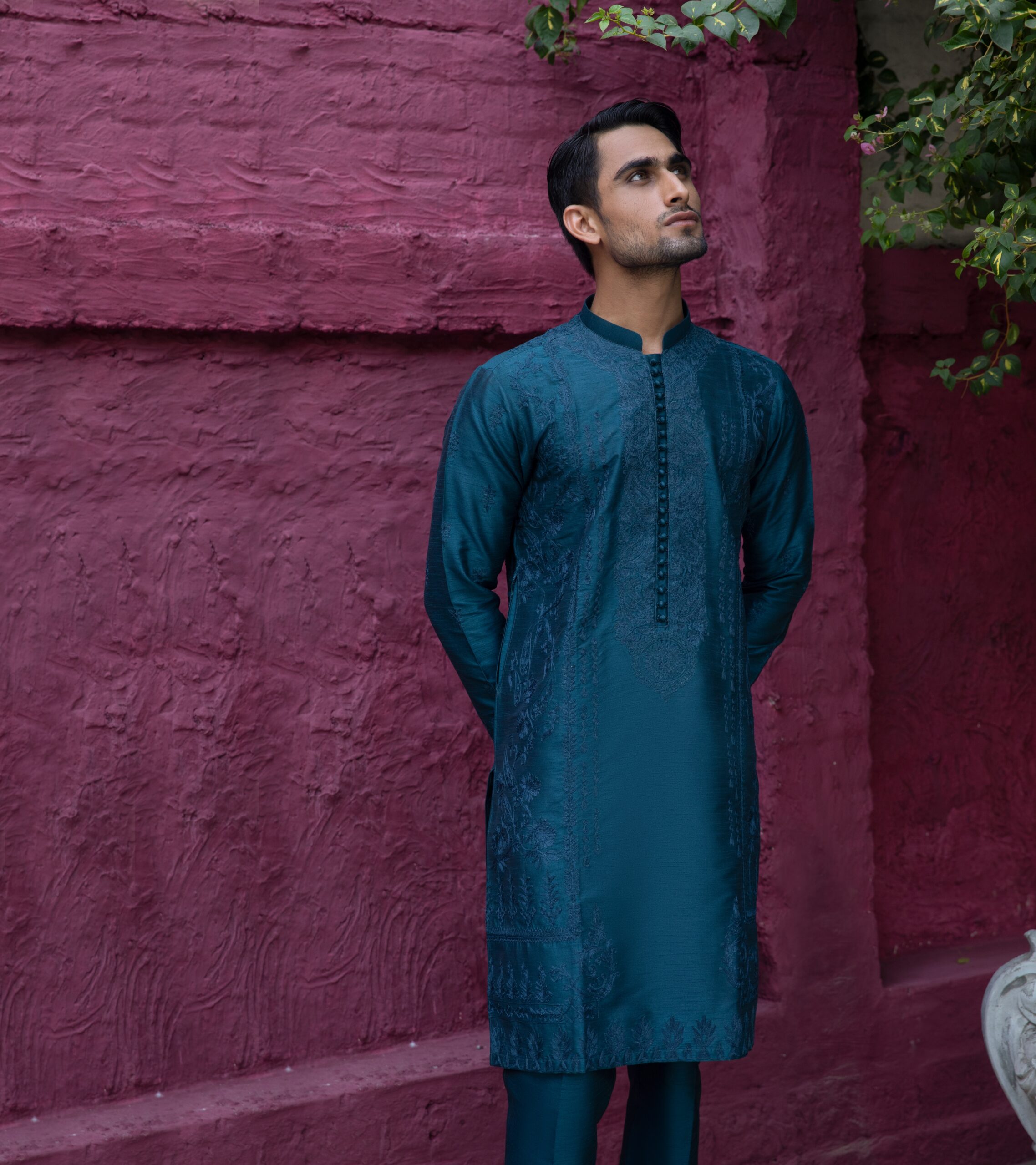 Teal Embroidered Synthetic Raw Silk Kurta (2-Piece) - Image 3