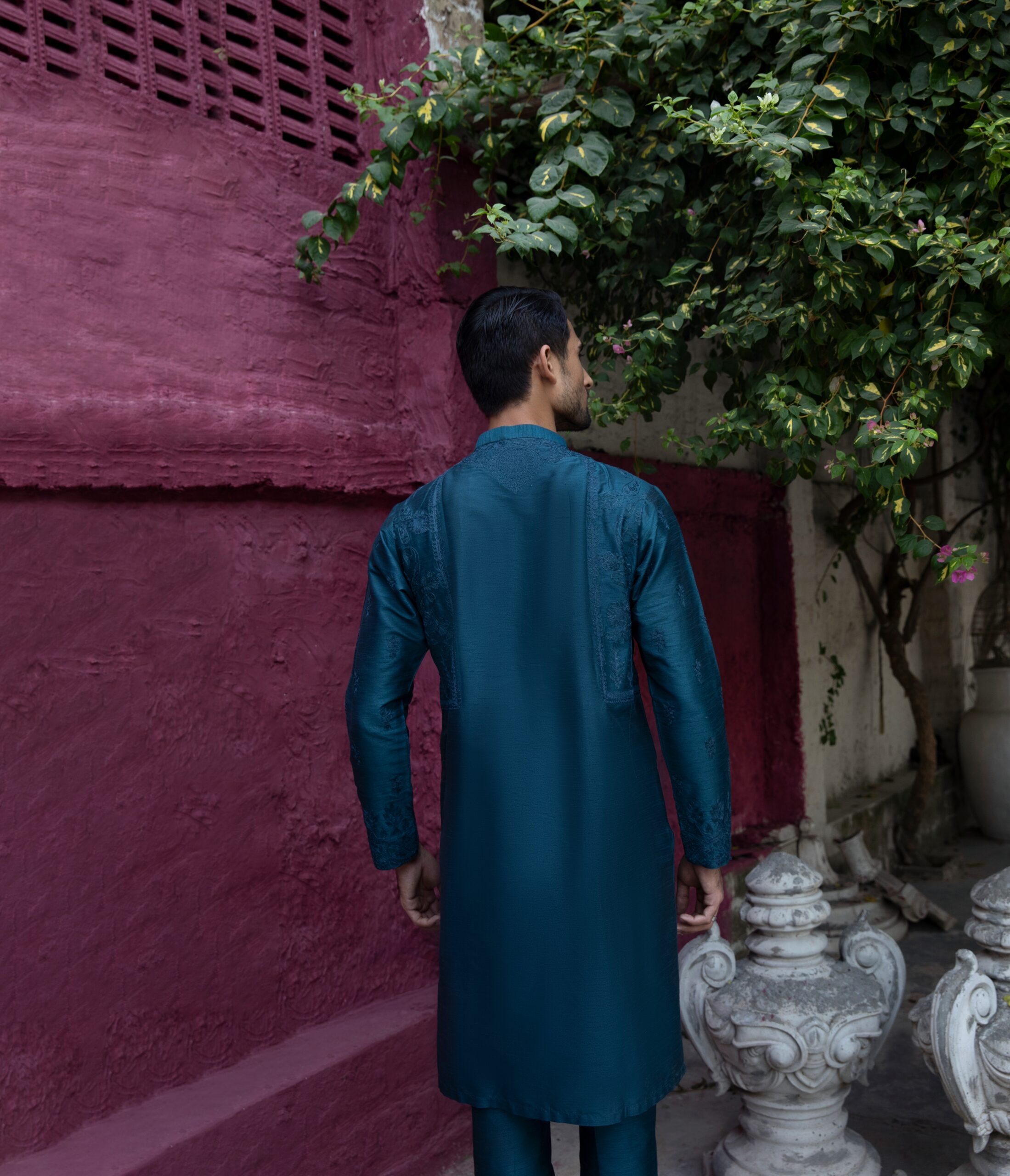 Teal Embroidered Synthetic Raw Silk Kurta (2-Piece) - Image 4