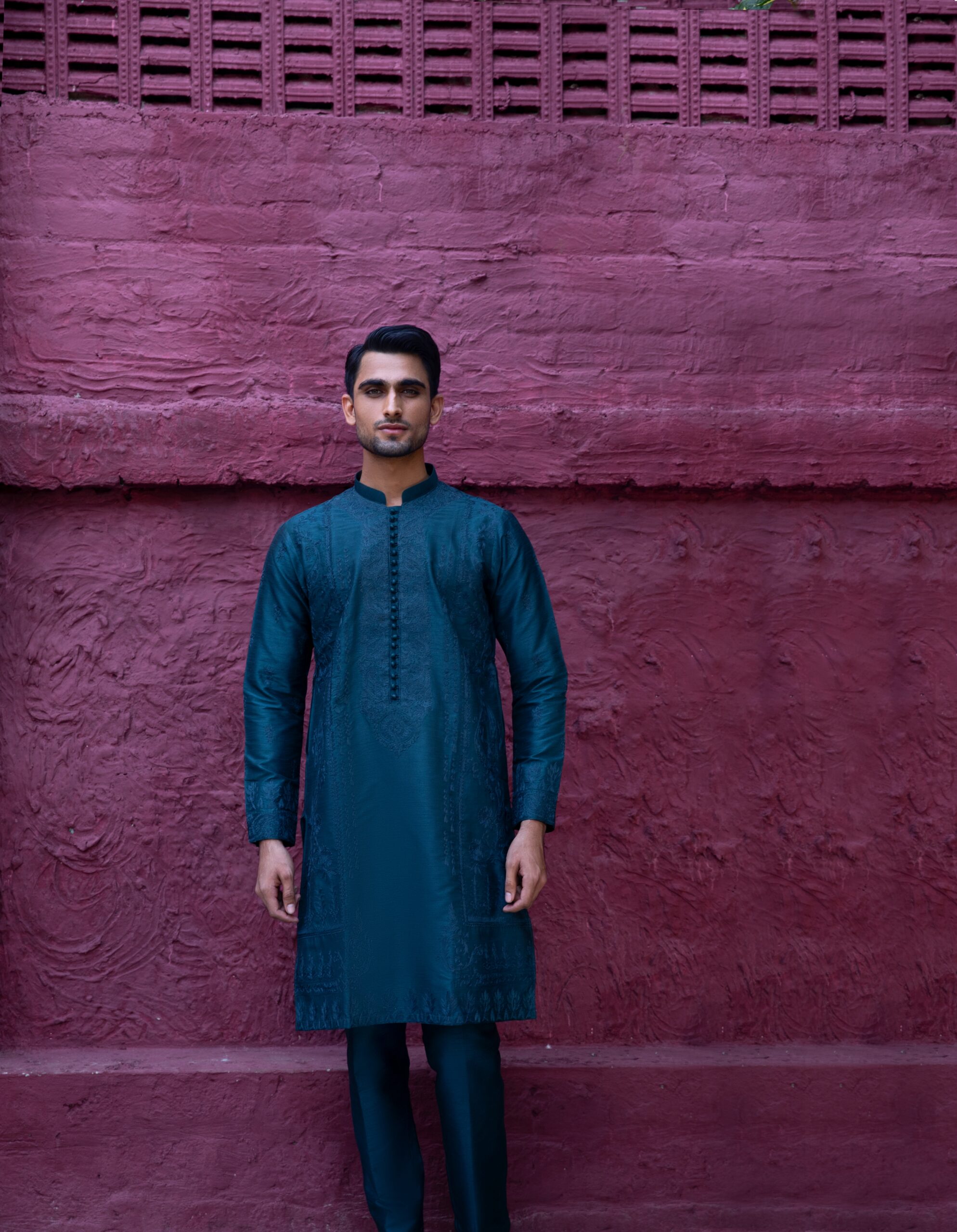 Teal Embroidered Synthetic Raw Silk Kurta (2-Piece) - Image 5