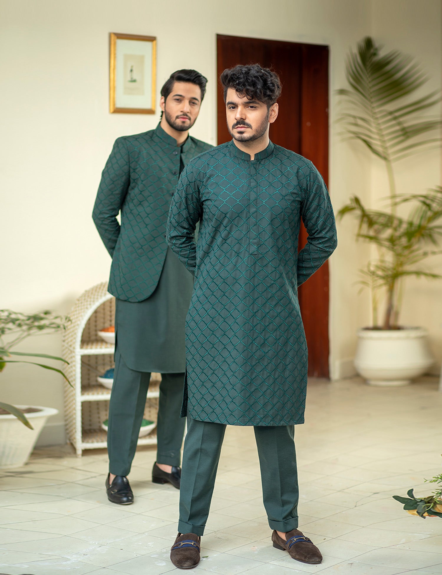 Deep Green Embroidered Wash & Wear Kurta (2-Piece) - Image 3