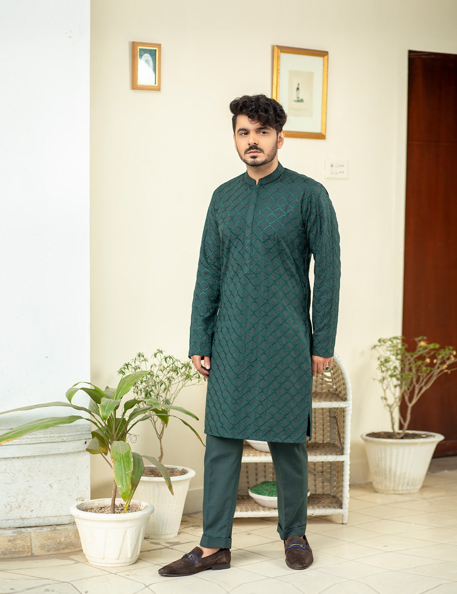 Deep Green Embroidered Wash & Wear Kurta (2-Piece) - Image 4