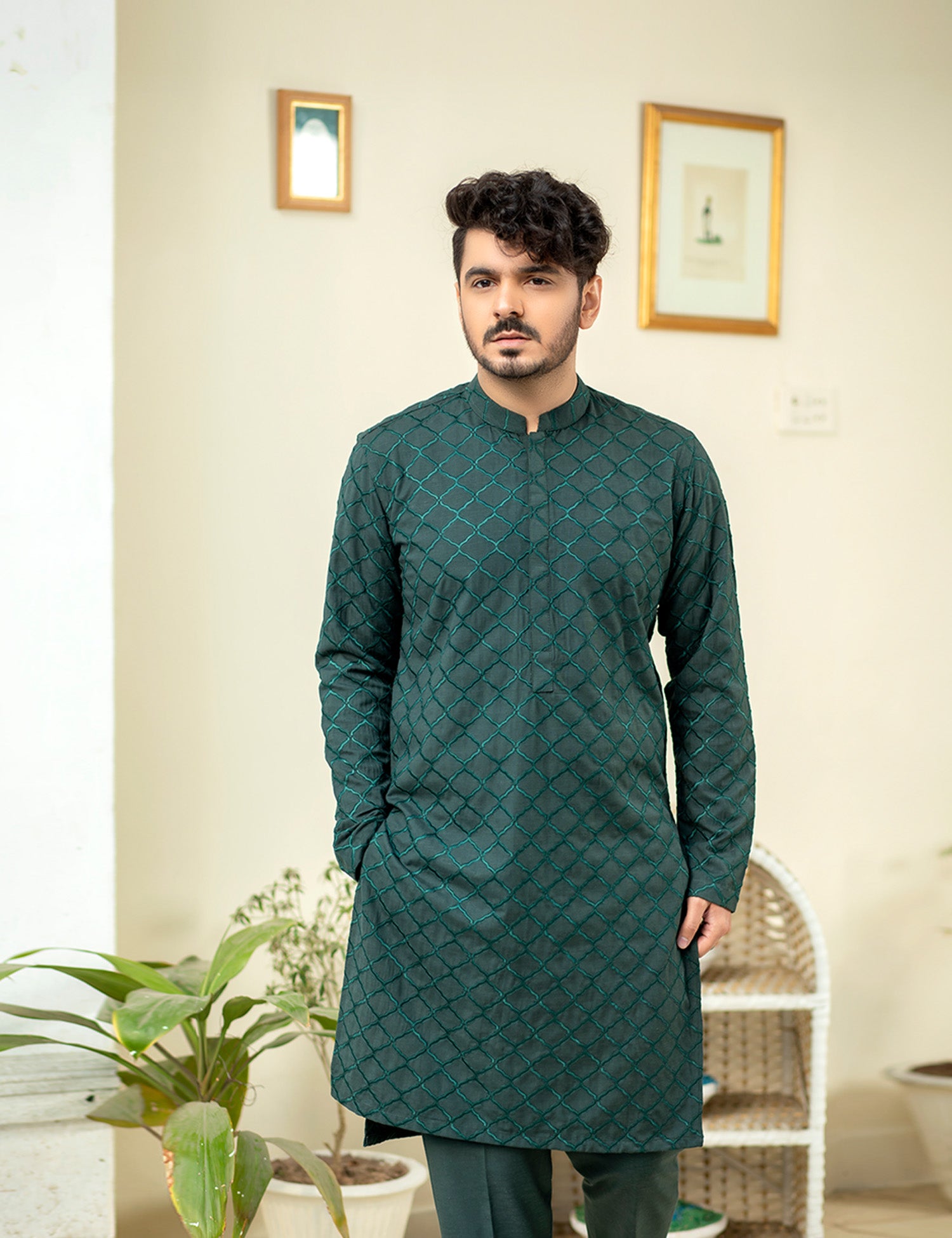 Deep Green Embroidered Wash & Wear Kurta (2-Piece) - Image 6