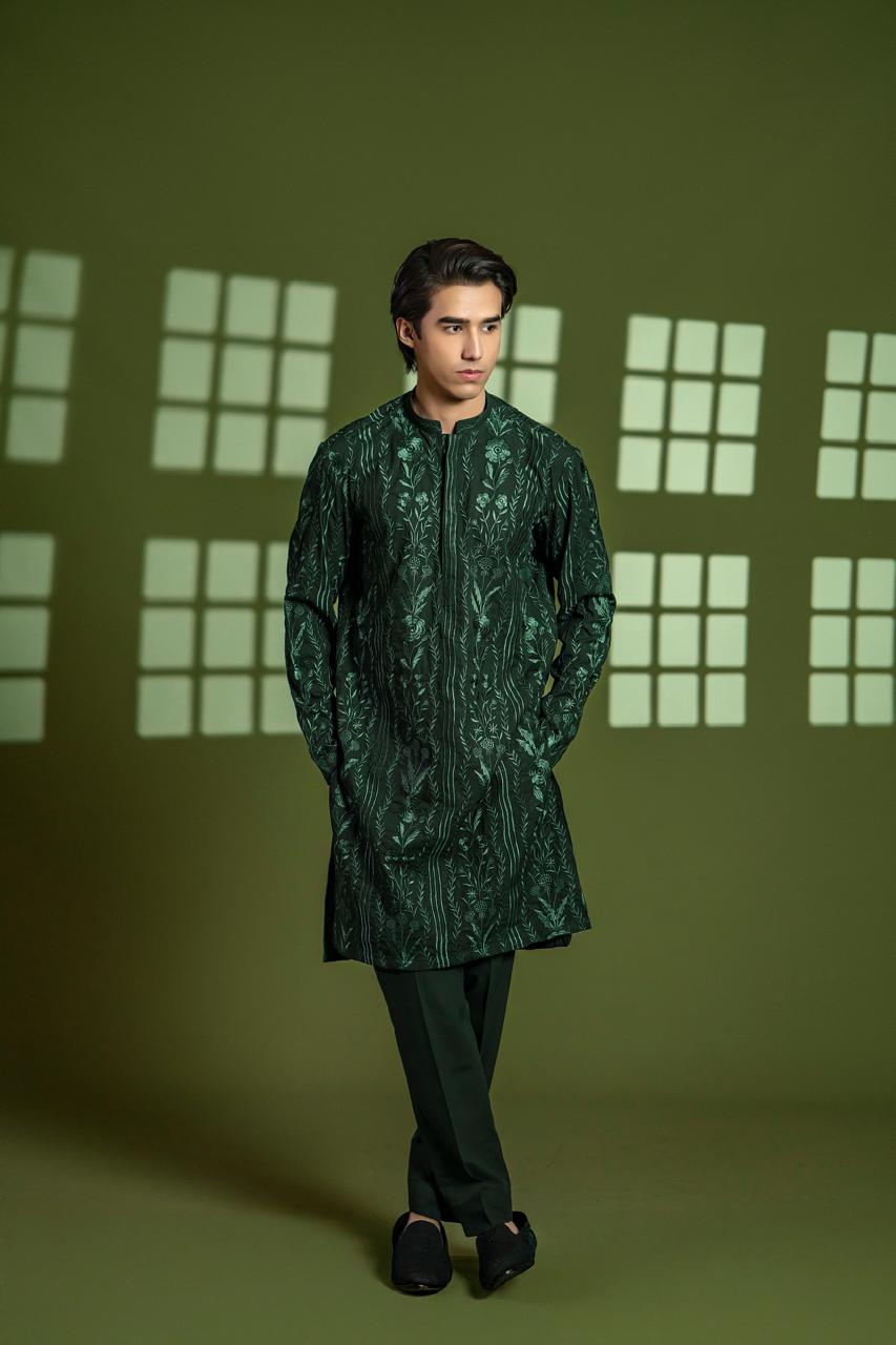 Rich Green Embroidered Wash & Wear Kurta Pajama (2-Piece) - Image 1