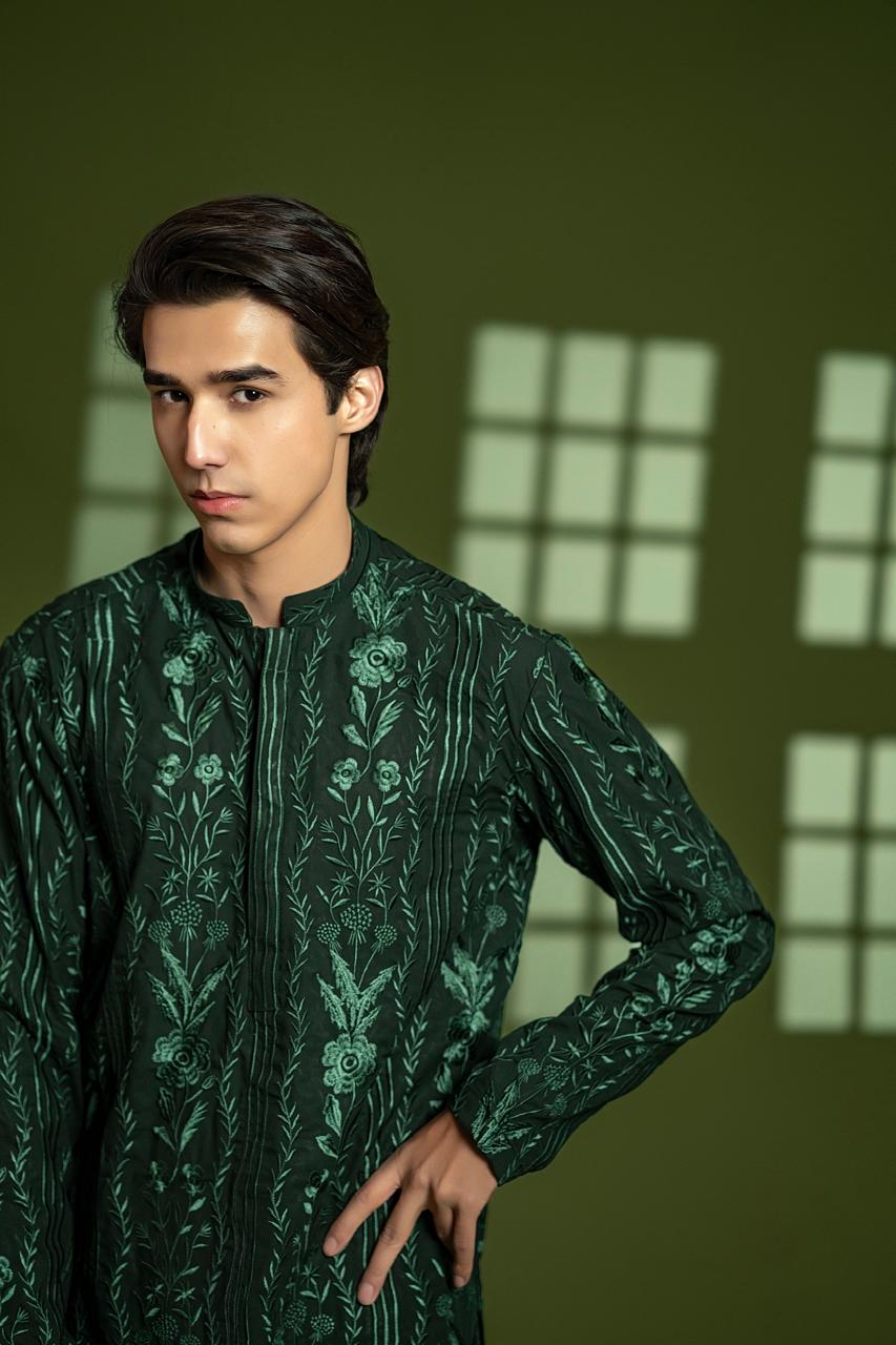 Rich Green Embroidered Wash & Wear Kurta Pajama (2-Piece) - Image 2