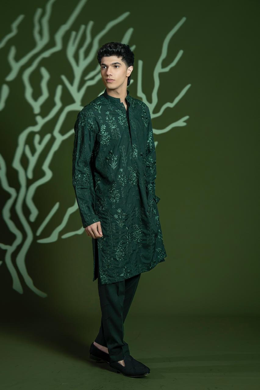 Deep Green Embroidered Wash & Wear Kurta (2-Piece) - Image 1