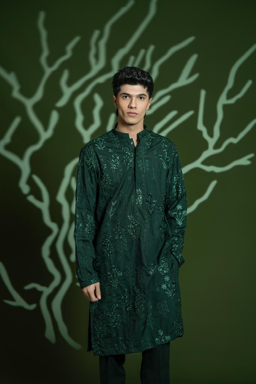 Deep Green Embroidered Wash & Wear Kurta (2-Piece) - Image 2