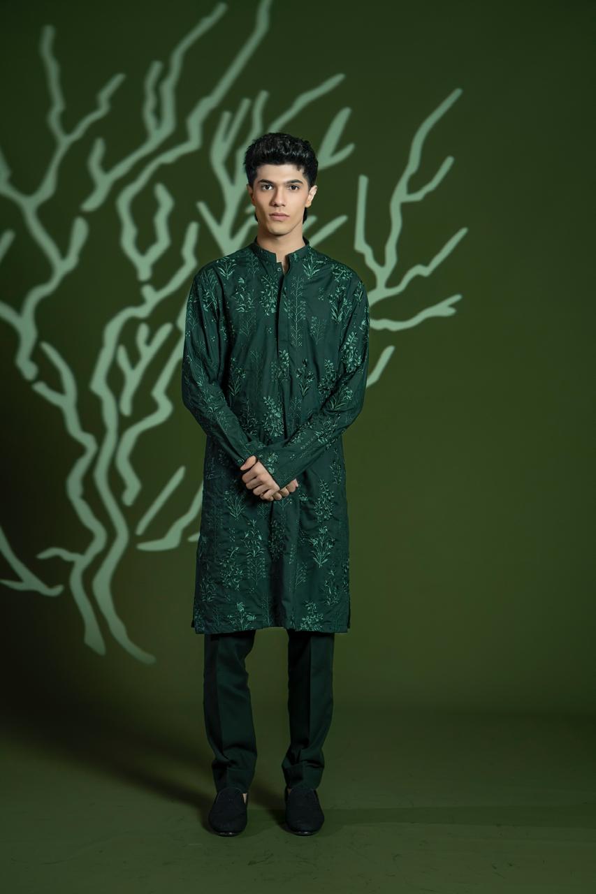 Deep Green Embroidered Wash & Wear Kurta (2-Piece) - Image 5