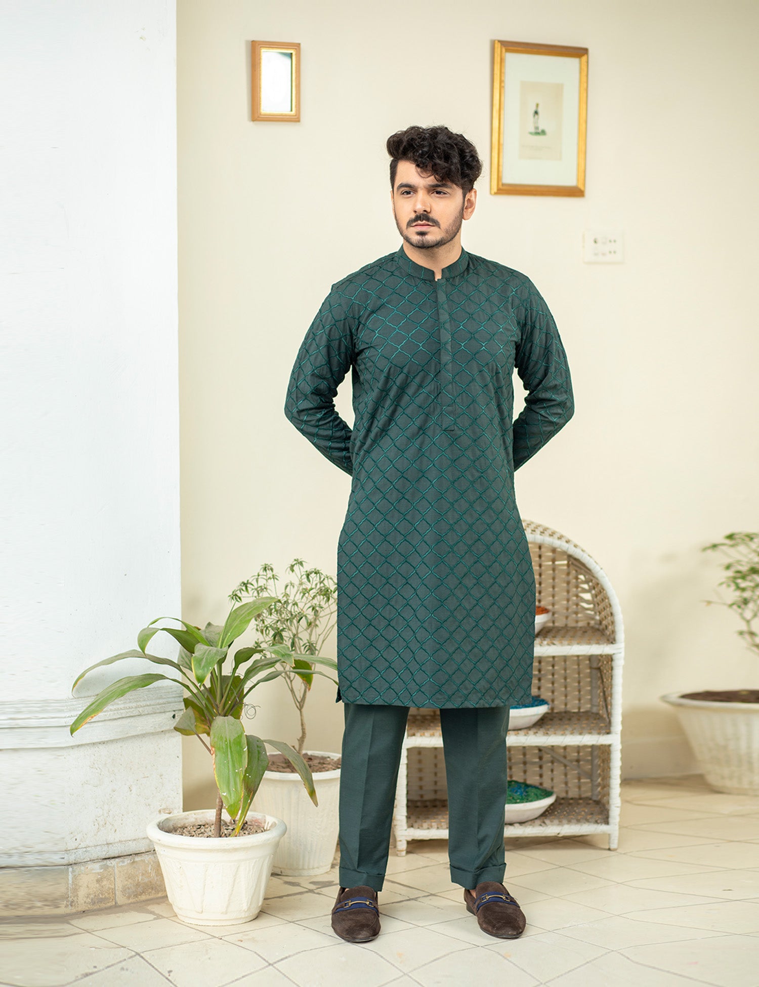 Deep Green Geometric Embroidered Wash & Wear Kurta (2-Piece) - Image 1