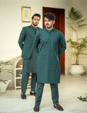 Deep Green Geometric Embroidered Wash & Wear Kurta (2-Piece) - Image 3
