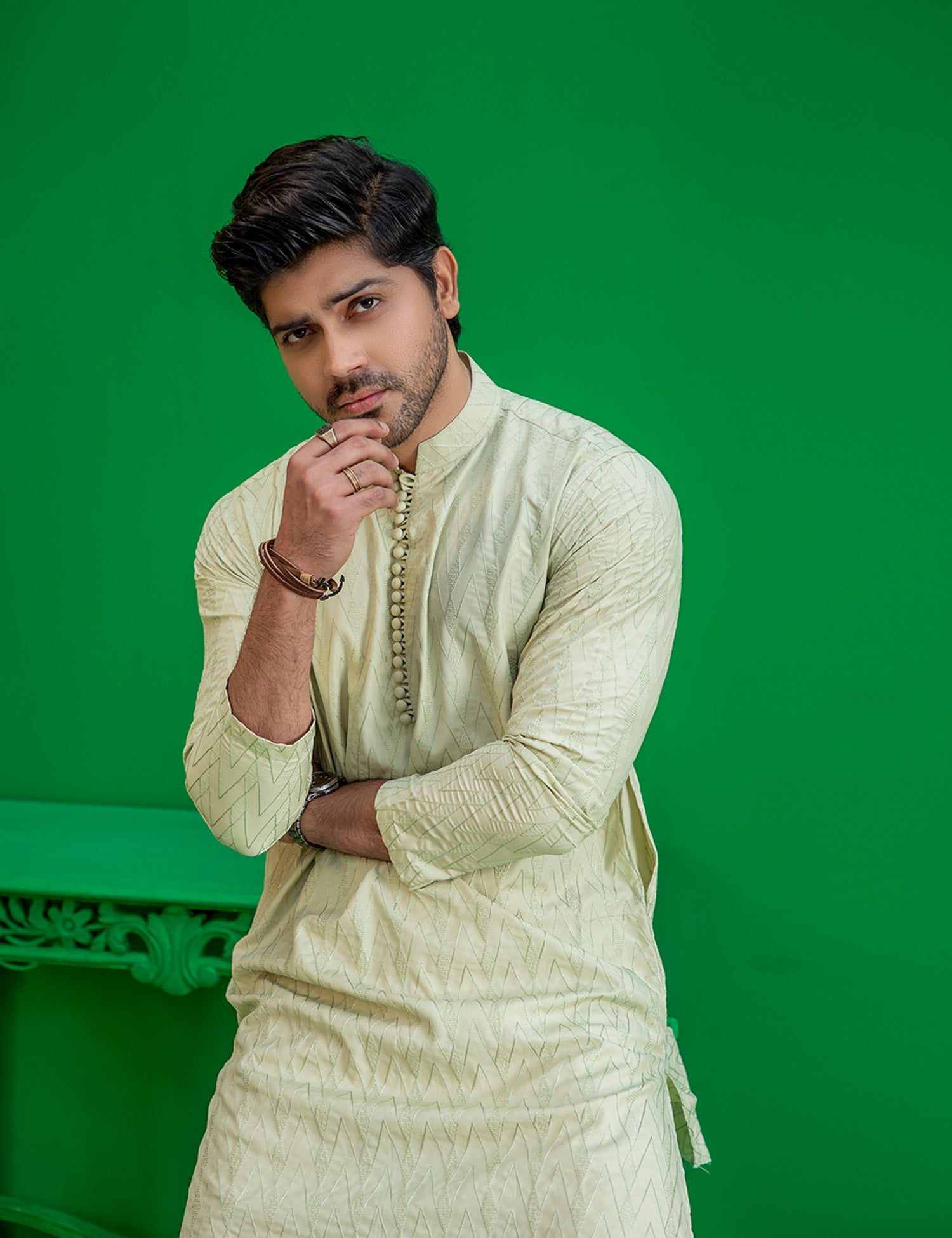 Pista Green Embroidered Wash N Wear Kurta (2-Piece) - Image 3