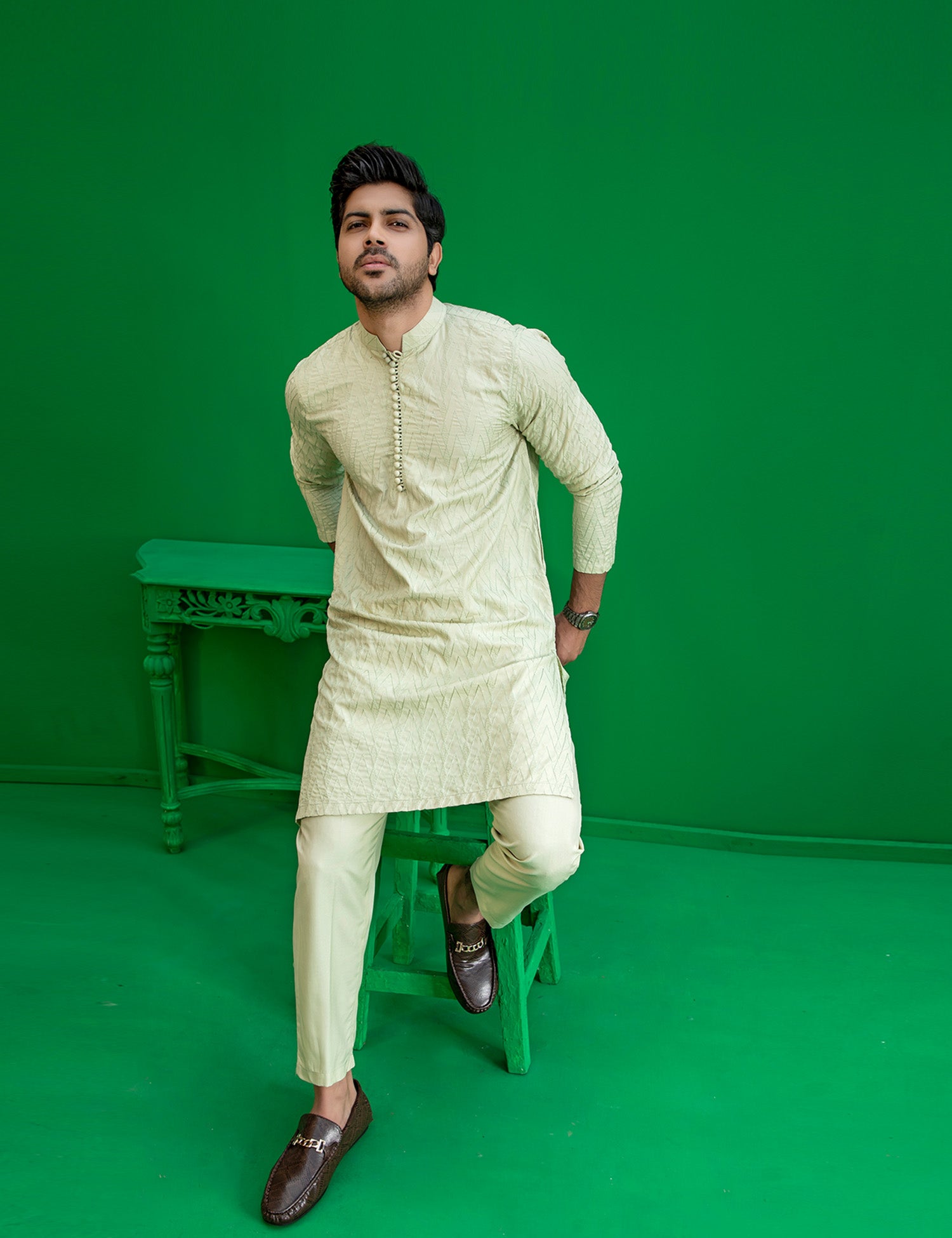 Pista Green Embroidered Wash N Wear Kurta (2-Piece) - Image 5