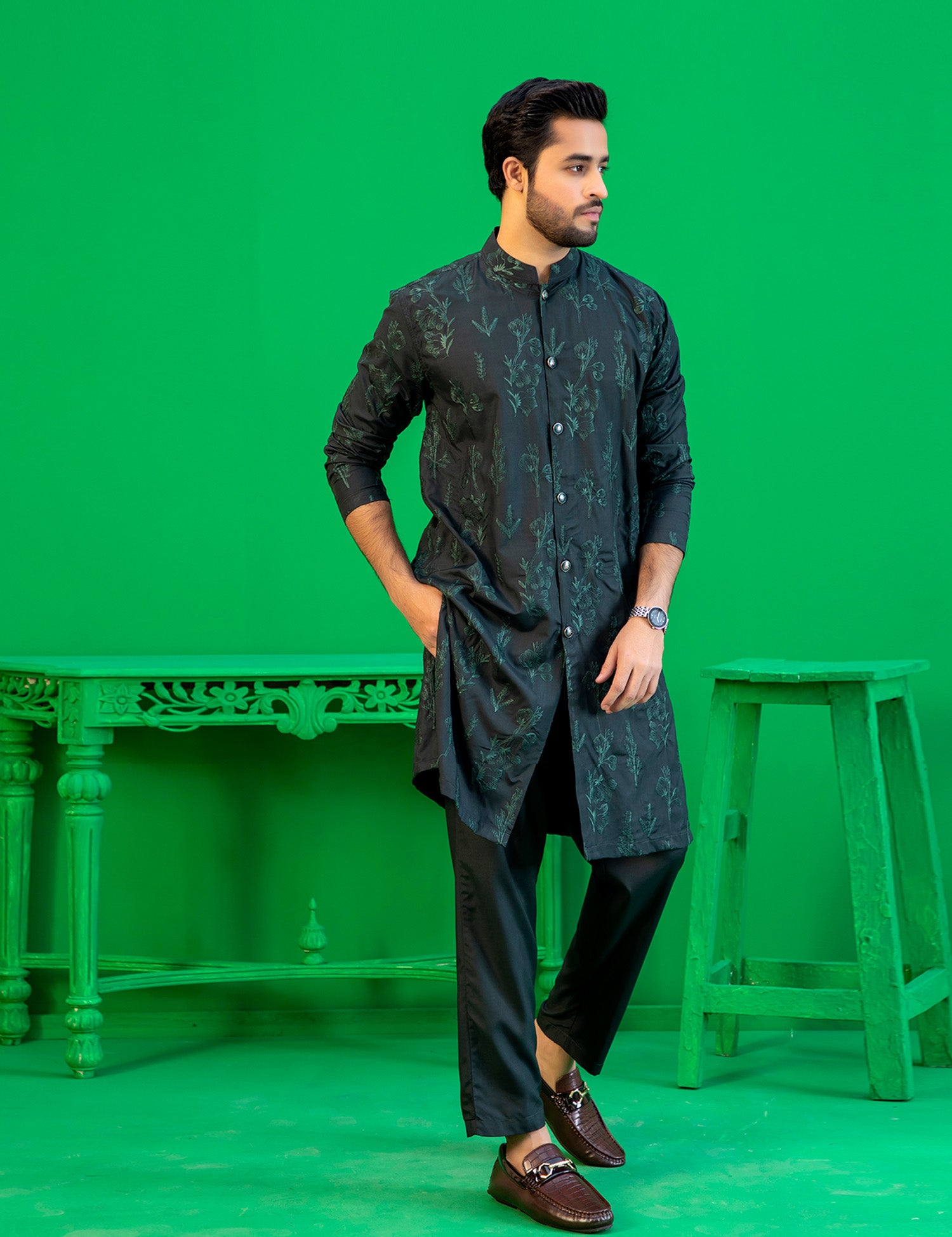 Deep Green Embroidered Washing Wear Kurta (2-Piece) - Image 6